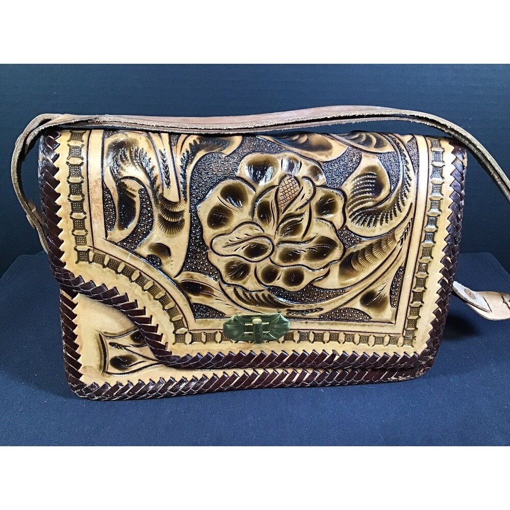 Vintage Shoulder Handbag Tooled Leather Purse Whip Stitched Southwestern Cowgirl